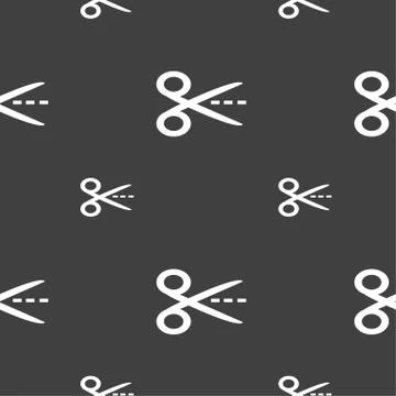Scissors with cut dash dotted line sign icon. Tailor symbol. Seamless pattern Stockillustratie