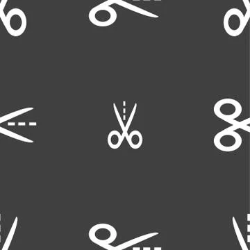 Scissors with cut dash dotted line sign icon. Tailor symbol. Seamless pattern Stock Illustration