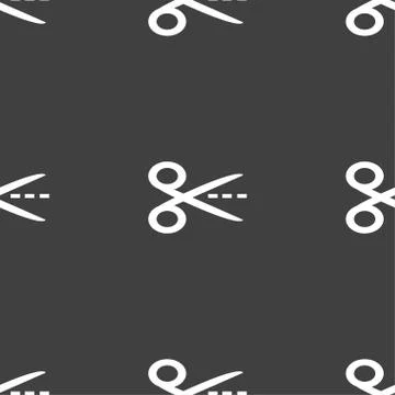 Scissors with cut dash dotted line sign icon. Tailor symbol. Seamless pattern Stock Illustration