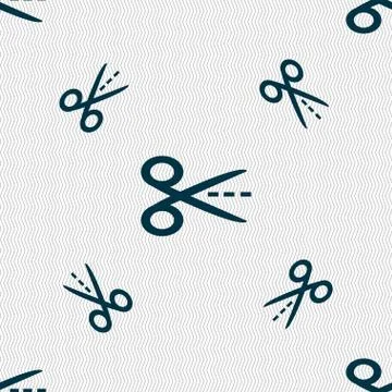 Scissors with cut dash dotted line sign icon. Tailor symbol. Seamless pattern wi イラスト素材
