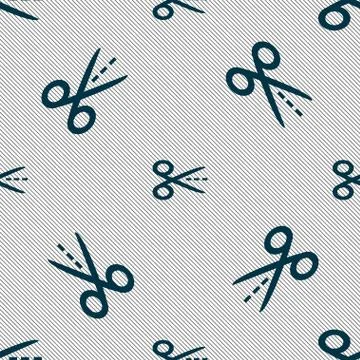 Scissors with cut dash dotted line sign icon. Tailor symbol. Seamless pattern wi イラスト素材
