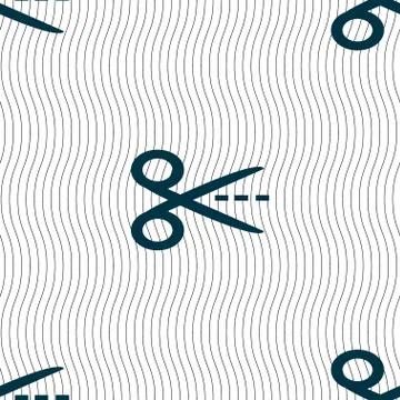 Scissors with cut dash dotted line sign icon. Tailor symbol. Seamless pattern wi Stockillustratie