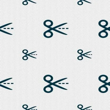 Scissors with cut dash dotted line sign icon. Tailor symbol. Seamless pattern wi イラスト素材