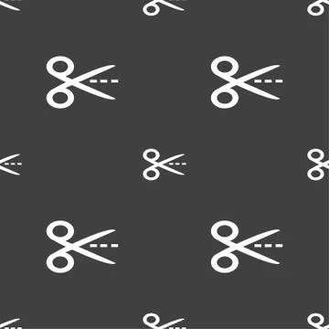 Scissors with cut dash dotted line sign icon. Tailor symbol. Seamless pattern on Illustrazione stock