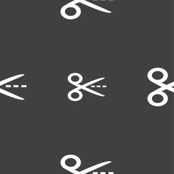 Scissors with cut dash dotted line sign icon. Tailor symbol. Seamless pattern on Stockillustratie