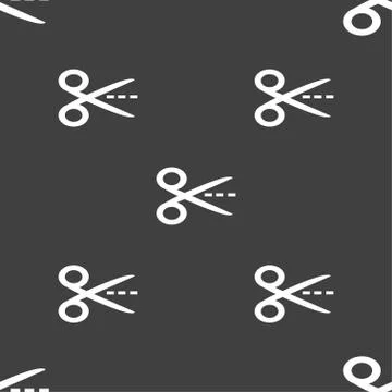 Scissors with cut dash dotted line sign icon. Tailor symbol. Seamless pattern on Stockillustratie