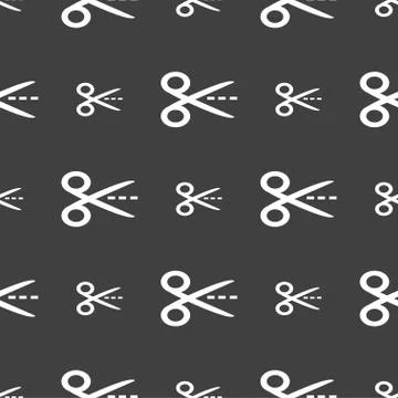 Scissors with cut dash dotted line sign icon. Tailor symbol. Seamless pattern on Stockillustratie