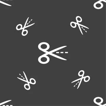 Scissors with cut dash dotted line sign icon. Tailor symbol. Seamless pattern on Illustrazione stock