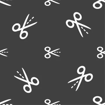 Scissors with cut dash dotted line sign icon. Tailor symbol. Seamless pattern on Stockillustratie
