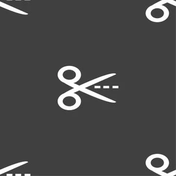 Scissors with cut dash dotted line sign icon. Tailor symbol. Seamless pattern on Stock Illustration