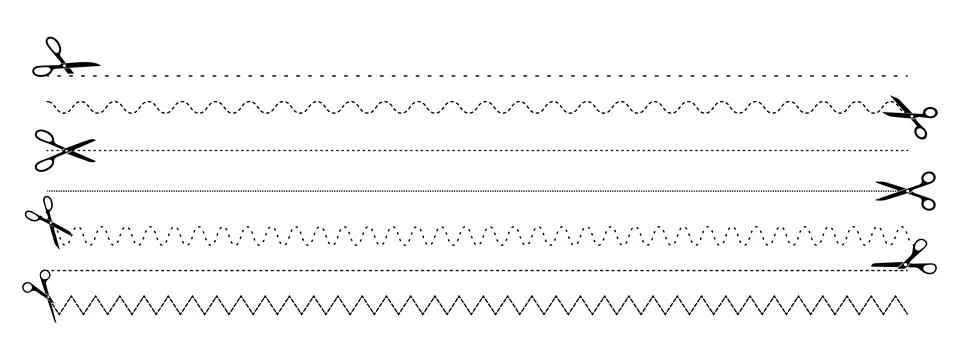 Scissors with cut dotted, curved, zigzag and straight lines. Vector illustr.. Stock Illustration