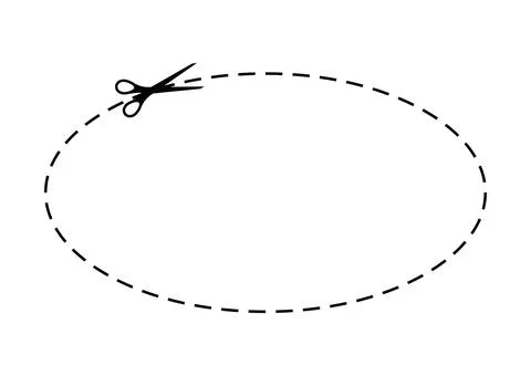 Scissors cut dotted line oval promo voucher with dash icon. Stock-Illustration