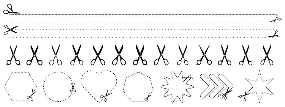 Scissors with cut lines and geometric shapes. Vector design elements Stock Illustration