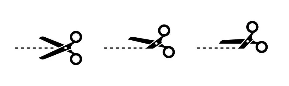 Scissors cut lines, black cutting here symbols set. イラスト素材