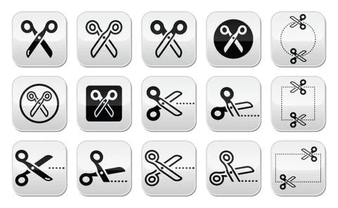 Scissors with cut lines buttons set Stock Illustration