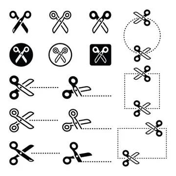 Scissors with cut lines icons set Stock Illustration