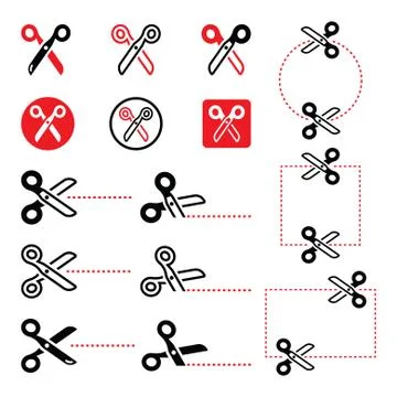 Scissors with cut lines icons set Stock Illustration