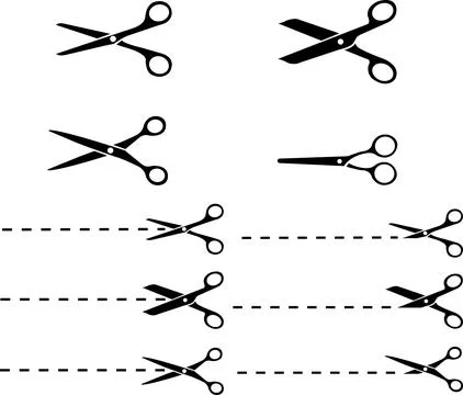 Scissors with cut or dotted line set. flat icon style. Scissors collection .. Stock Illustration