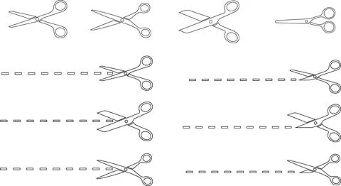 Scissors with cut or dotted line set. Line or outline icon style. Scissors .. Stock Illustration