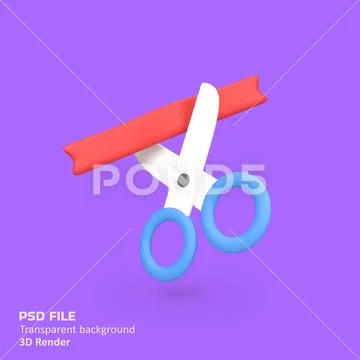 Scissors cut the red ribbon isolated 3d render icon illustration Plantilla PSD