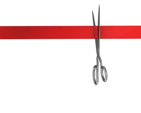 Scissors cut the red ribbon, top view Stock Illustration