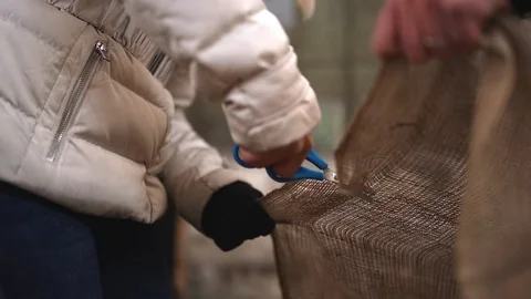 Scissors cut the sacking, cloth Stock Footage 124032875