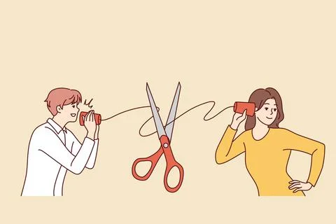 Scissors cut thread connecting couple talking Stock Illustration