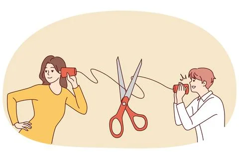 Scissors cut thread connecting couple talking Stock Illustration