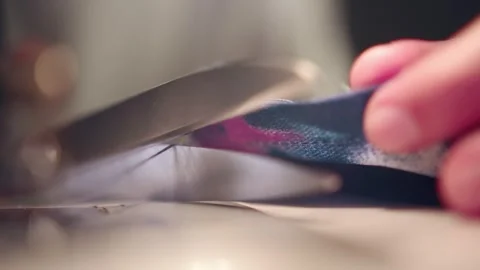 Scissors cut thread from fabric after sewing. Stock Footage 269815995