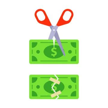 Scissors cuts a banknote in two. Stock Illustration