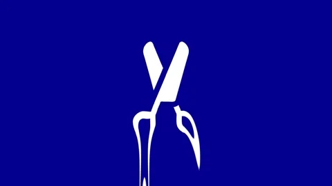 Scissors cutting abstract flowing lines in white against blue background Stock Footage 327761790
