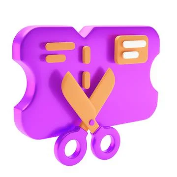 Scissors cutting coupon 3d rendered icon Stock Illustration