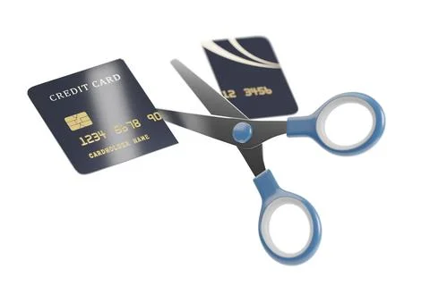 Scissors cutting a credit card isolated on white background. 3d illustration. Stock Illustration
