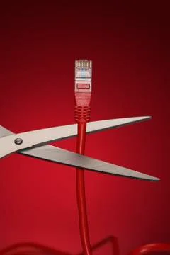 Scissors Cutting Data Cable Plug Stock Photos