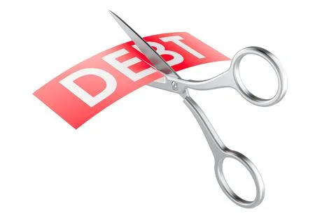 Scissors cutting DEBT. Debt Reduction, Concept. 3D rendering 库存插图