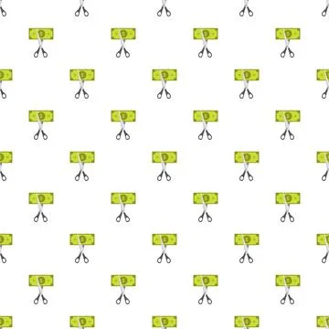 Scissors cutting dollar bill pattern representing budget cuts Stock Illustration