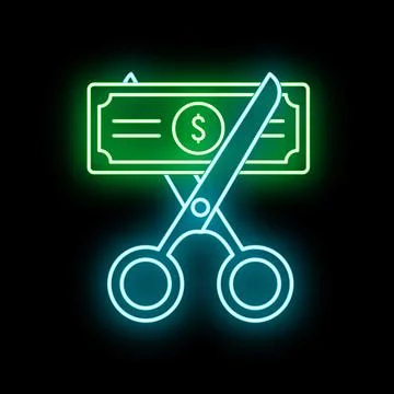 Scissors cutting dollar bill representing budget reduction neon sign Stock Illustration