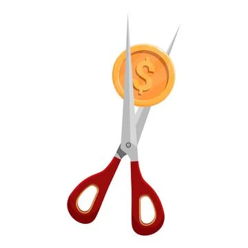 Scissors cutting a dollar coin, reducing expenses and saving money Stock Illustration