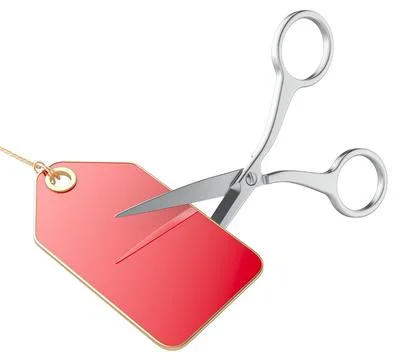 Scissors cutting empty red sale tag. Cutting costs, concept. 3D rendering Stock Illustration