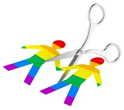 Scissors cutting of gays spouses figures. Divorce, separation concept. 3D r.. Stock Illustration