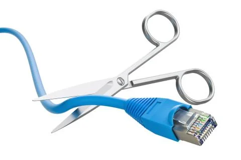 Scissors cutting lan network computer cable, 3D rendering Stock Illustration
