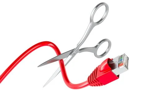 Scissors cutting lan network computer cable, 3D rendering Stock Illustration