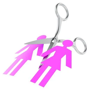 Scissors cutting of lesbian spouses figures. Divorce, separation concept. 3.. Stockillustratie