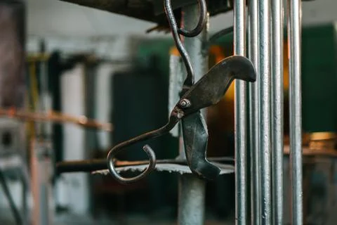 Scissors for cutting molten glass in a workshop Stock Photos