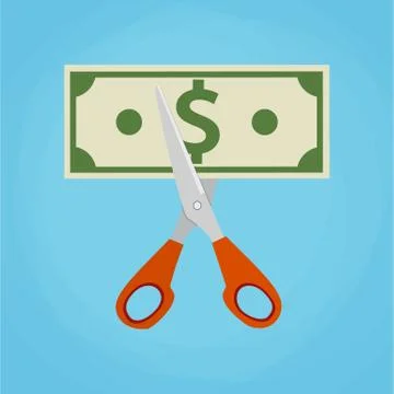 Scissors cutting money bill. Ilustração Stock
