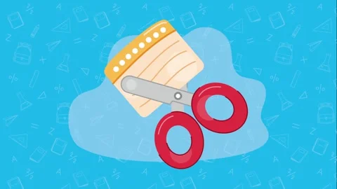 Scissors cutting a notepad with a clear blue background full of school icons. Stock Footage 334092548