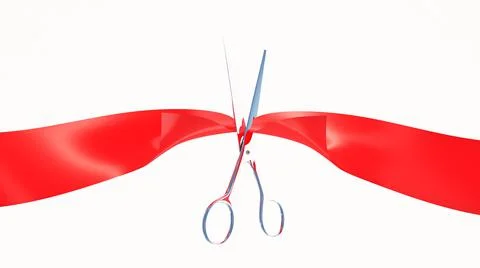 Scissors cutting a red ribbon. 3D rendering. Stock Illustration