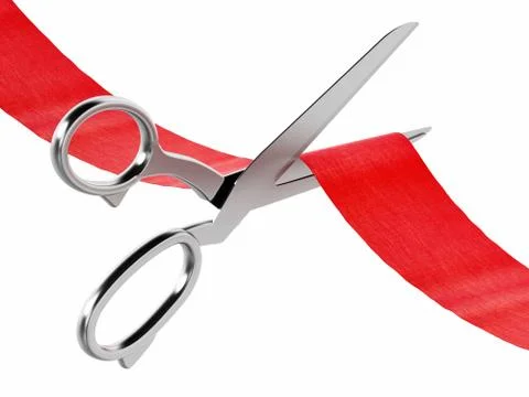 Scissors cutting red ribbon on white background. 3D illustration Stock Illustration