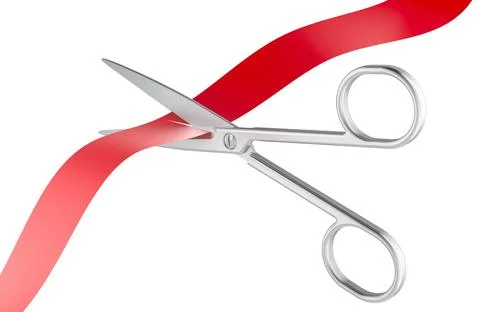 Scissors cutting red silk ribbon, 3D rendering Stock Illustration