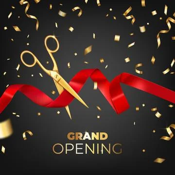 Scissors cutting ribbon on black backdrop in carmine Illustrazione stock